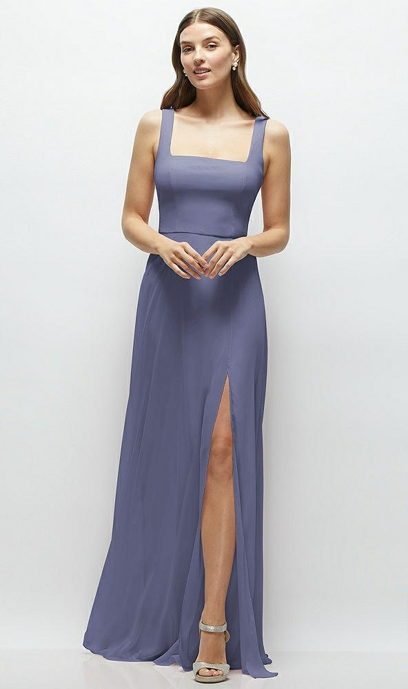 Front View - French Blue Square Neck Chiffon Maxi Dress with Circle Skirt