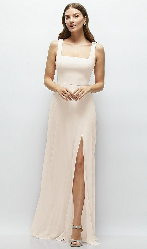Front View - Oat Square Neck Chiffon Maxi Dress with Circle Skirt