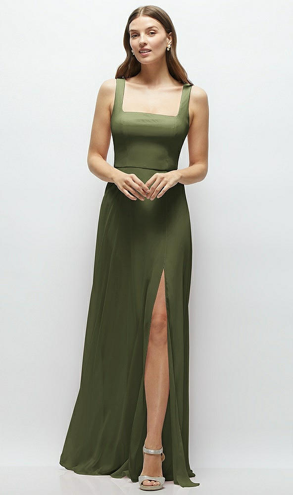 Front View - Olive Green Square Neck Chiffon Maxi Dress with Circle Skirt
