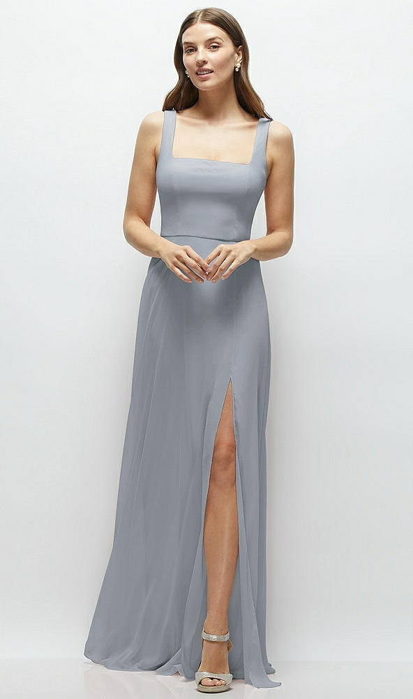Front View - Platinum Square Neck Chiffon Maxi Dress with Circle Skirt