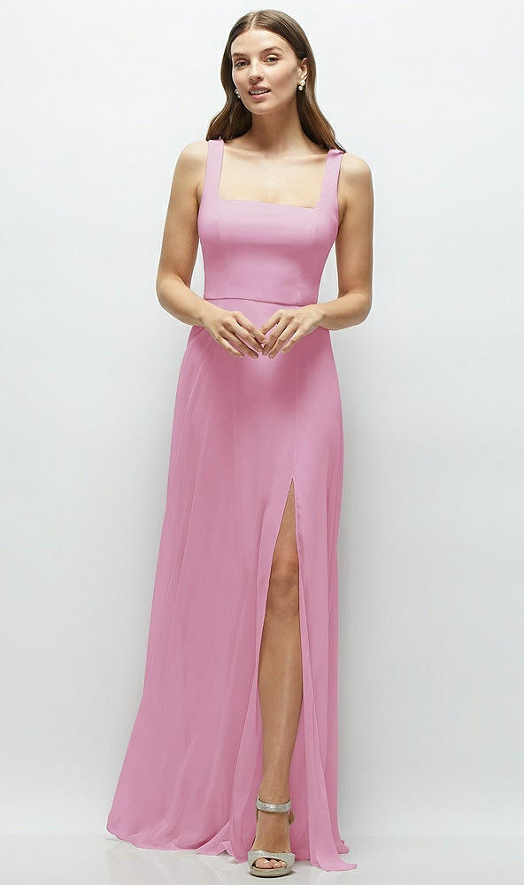 Front View - Powder Pink Square Neck Chiffon Maxi Dress with Circle Skirt