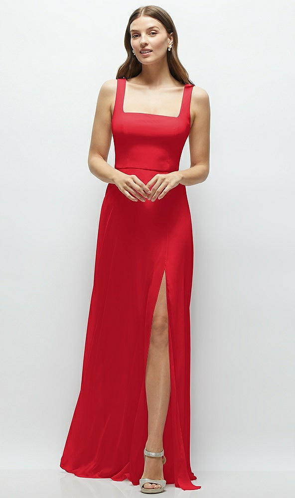 Front View - Parisian Red Square Neck Chiffon Maxi Dress with Circle Skirt