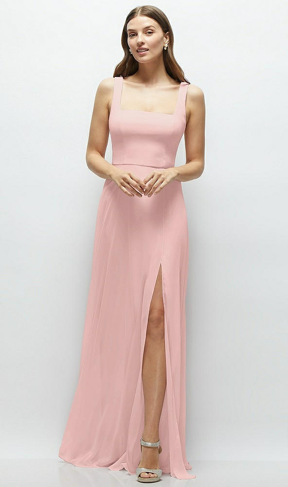 Front View - Rose - PANTONE Rose Quartz Square Neck Chiffon Maxi Dress with Circle Skirt