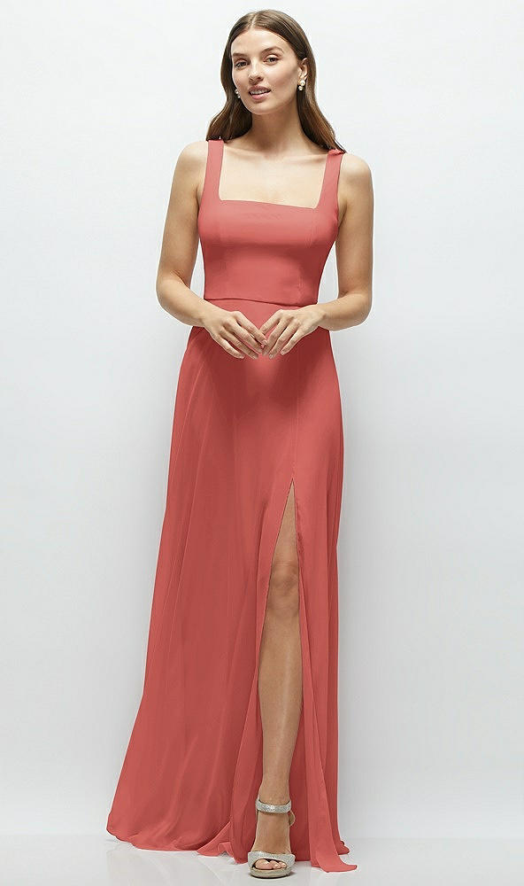 Front View - Coral Pink Square Neck Chiffon Maxi Dress with Circle Skirt