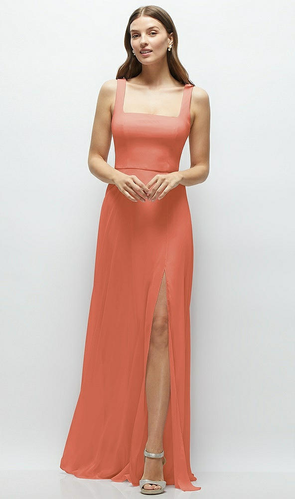 Front View - Terracotta Copper Square Neck Chiffon Maxi Dress with Circle Skirt