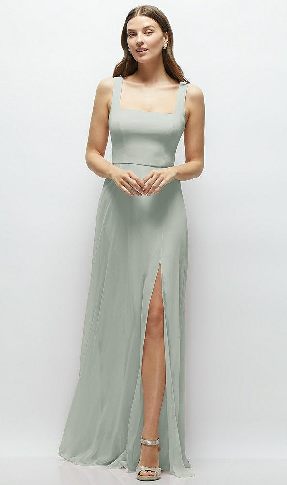 Front View - Willow Green Square Neck Chiffon Maxi Dress with Circle Skirt