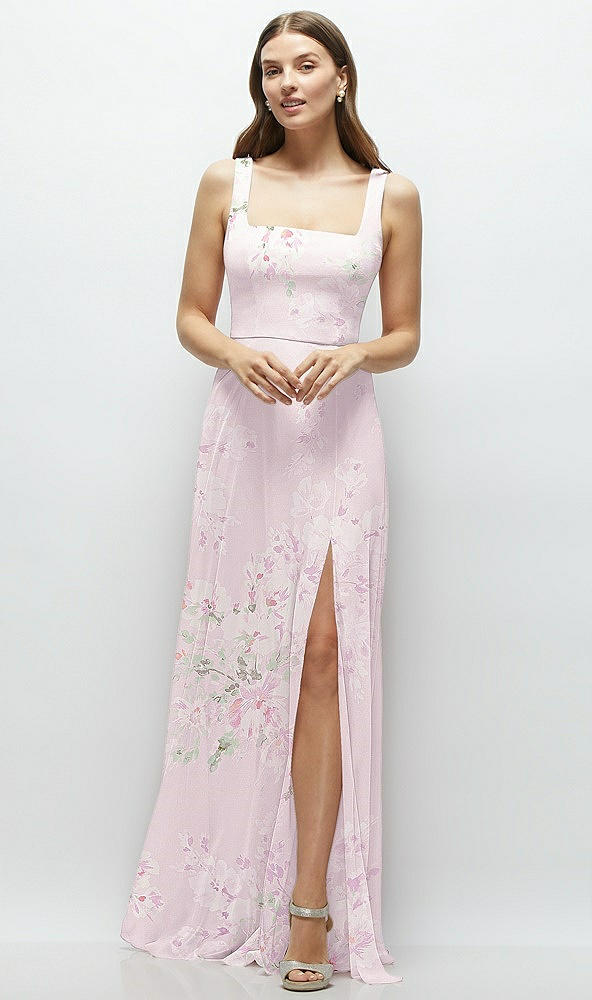 Front View - Watercolor Print Square Neck Chiffon Maxi Dress with Circle Skirt