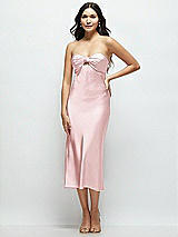 Front View Thumbnail - Ballet Pink Strapless Bow-Bandeau Cutout Satin Midi Slip Dress