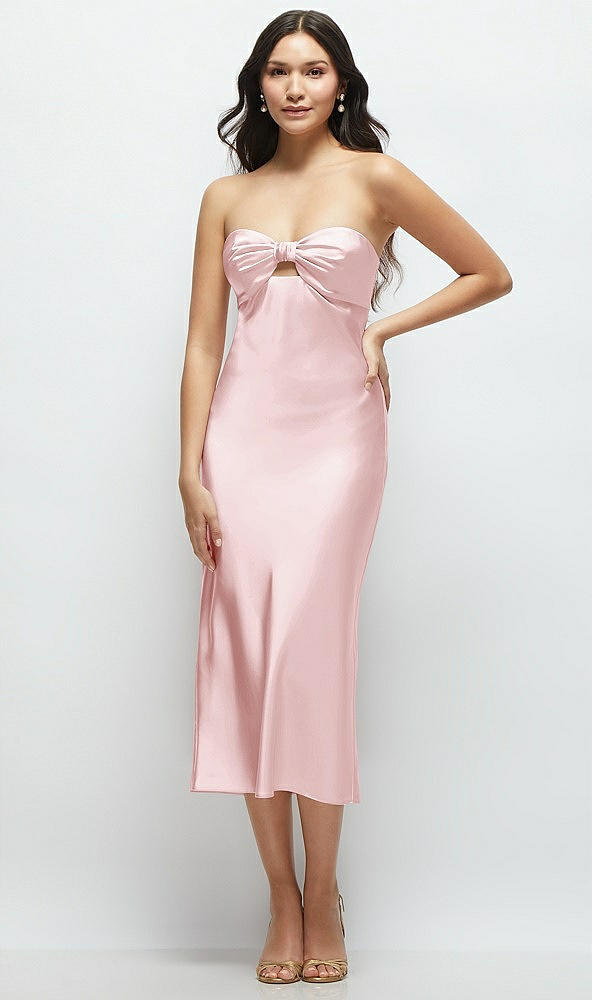 Front View - Ballet Pink Strapless Bow-Bandeau Cutout Satin Midi Slip Dress