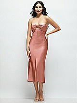 Front View Thumbnail - Desert Rose Strapless Bow-Bandeau Cutout Satin Midi Slip Dress