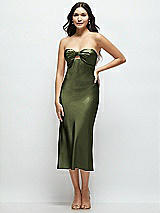 Front View Thumbnail - Olive Green Strapless Bow-Bandeau Cutout Satin Midi Slip Dress