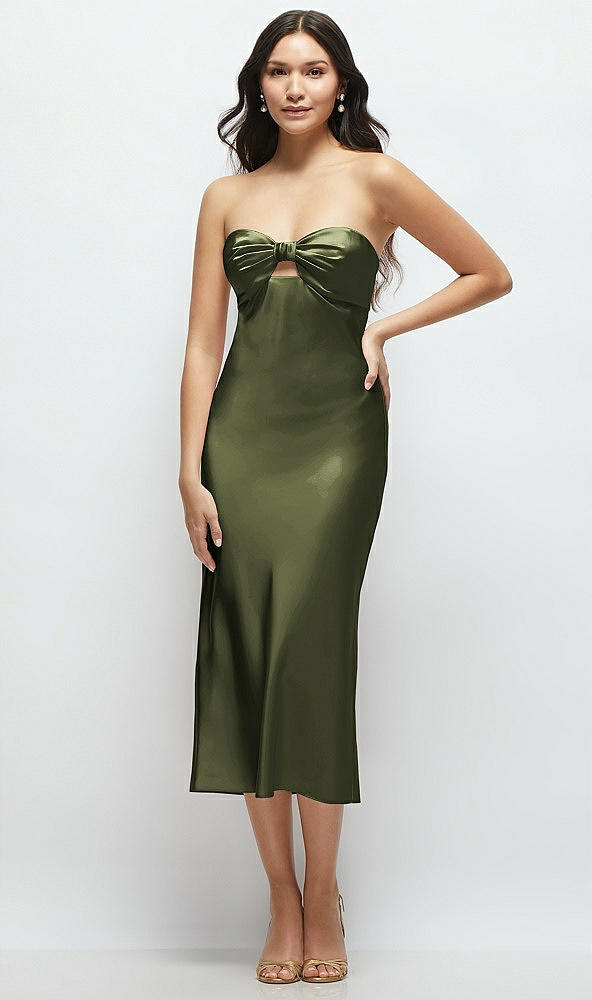 Front View - Olive Green Strapless Bow-Bandeau Cutout Satin Midi Slip Dress