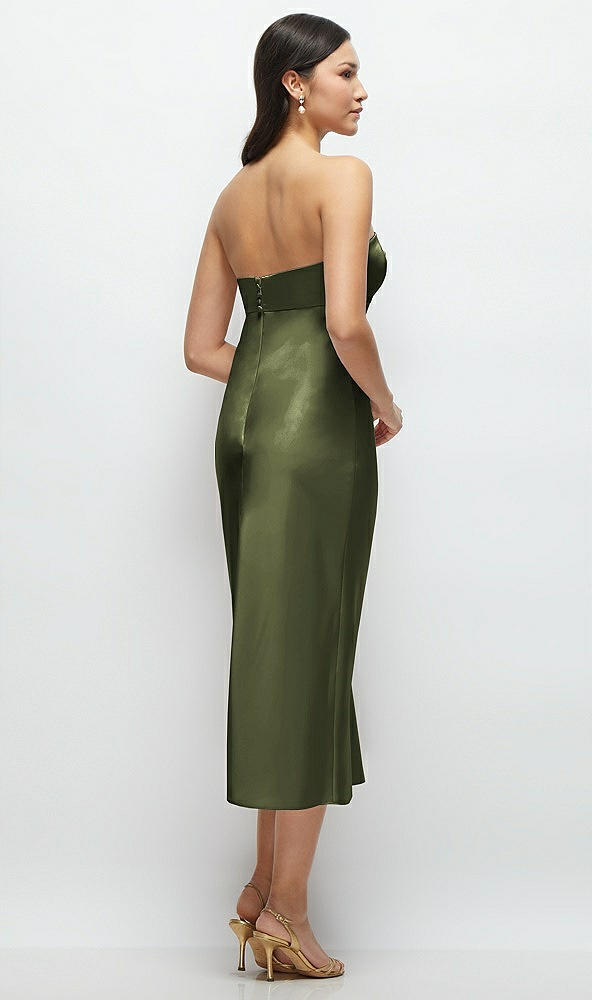 Back View - Olive Green Strapless Bow-Bandeau Cutout Satin Midi Slip Dress
