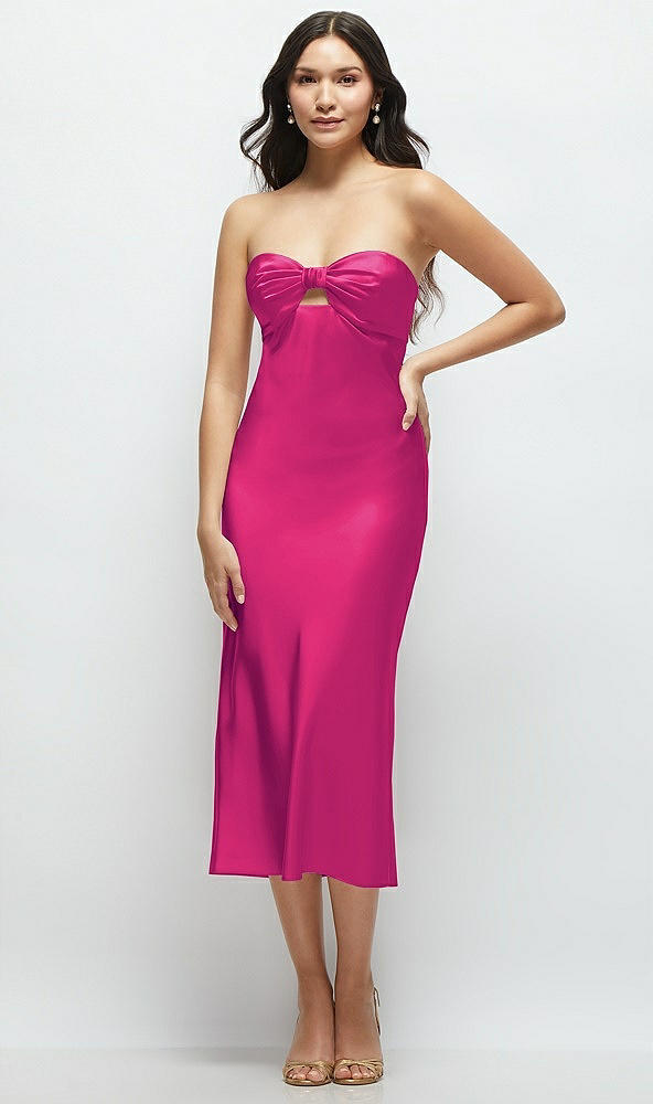 Front View - Think Pink Strapless Bow-Bandeau Cutout Satin Midi Slip Dress