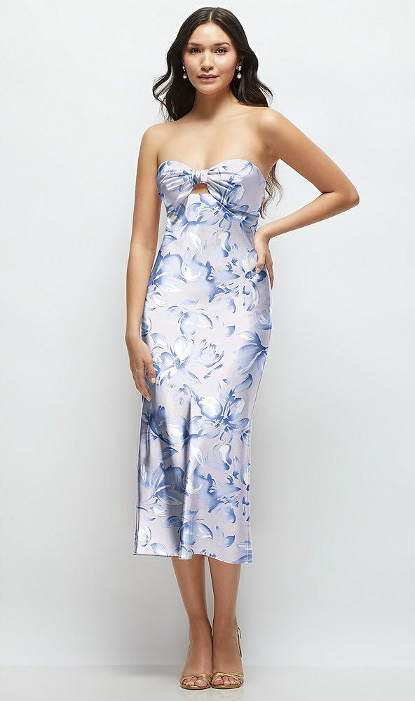 Front View - Magnolia Sky Strapless Bow-Bandeau Cutout Floral Satin Midi Slip Dress