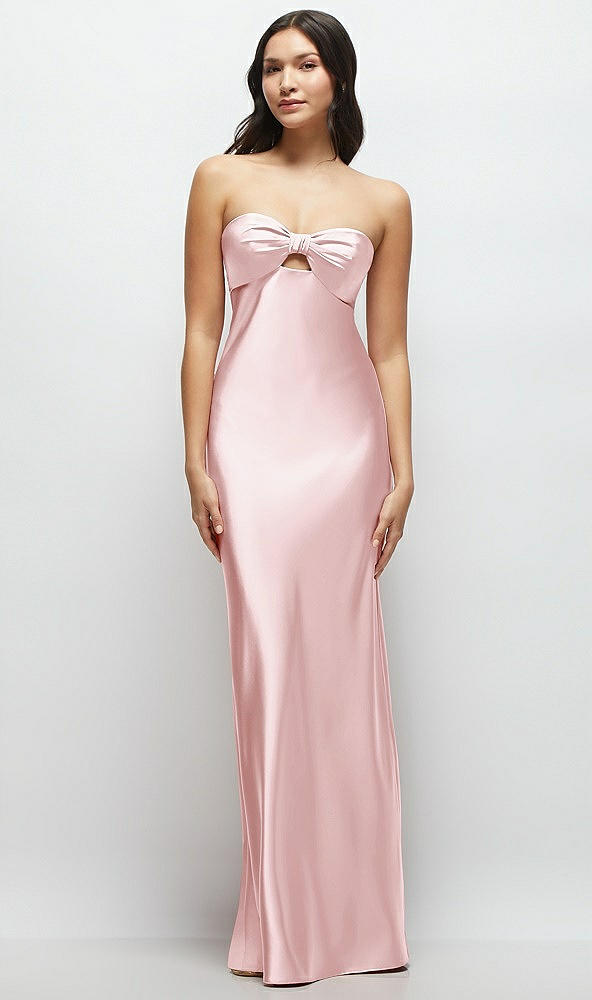 Front View - Ballet Pink Strapless Bow-Bandeau Cutout Satin Maxi Slip Dress
