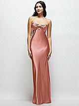 Front View Thumbnail - Desert Rose Strapless Bow-Bandeau Cutout Satin Maxi Slip Dress