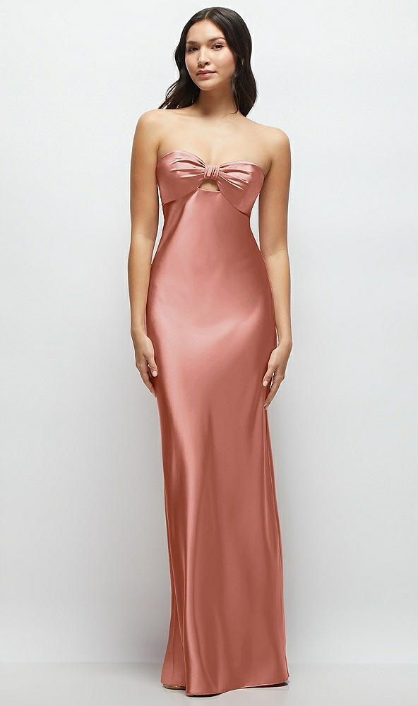 Front View - Desert Rose Strapless Bow-Bandeau Cutout Satin Maxi Slip Dress