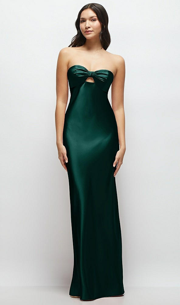 Front View - Evergreen Strapless Bow-Bandeau Cutout Satin Maxi Slip Dress