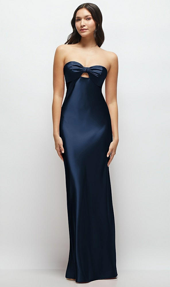 Front View - Midnight Navy Strapless Bow-Bandeau Cutout Satin Maxi Slip Dress