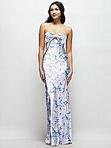 Front View Thumbnail - Magnolia Sky Strapless Bow-Bandeau Cutout Floral Satin Maxi Slip Dress