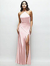 Front View Thumbnail - Ballet Pink High Halter Tie-Strap Open-Back Satin Maxi Dress
