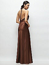 Rear View Thumbnail - Cognac High Halter Tie-Strap Open-Back Satin Maxi Dress