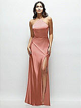 Front View Thumbnail - Desert Rose High Halter Tie-Strap Open-Back Satin Maxi Dress