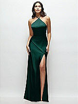 Front View Thumbnail - Evergreen High Halter Tie-Strap Open-Back Satin Maxi Dress