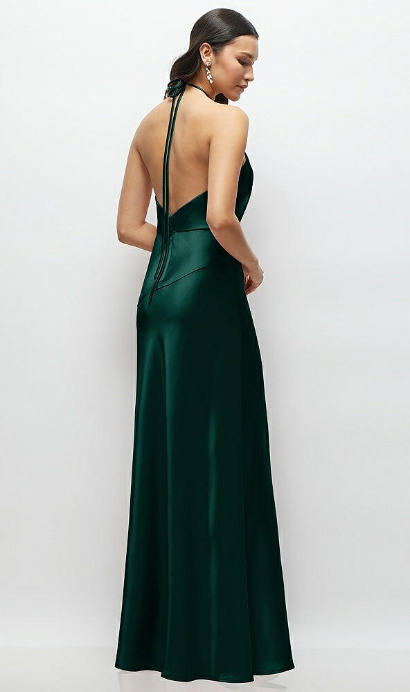 Back View - Evergreen High Halter Tie-Strap Open-Back Satin Maxi Dress