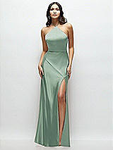 Front View Thumbnail - Seagrass High Halter Tie-Strap Open-Back Satin Maxi Dress