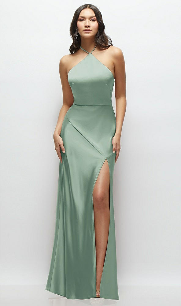 Front View - Seagrass High Halter Tie-Strap Open-Back Satin Maxi Dress