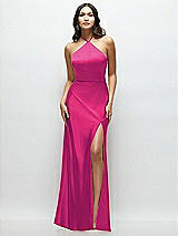 Front View Thumbnail - Think Pink High Halter Tie-Strap Open-Back Satin Maxi Dress