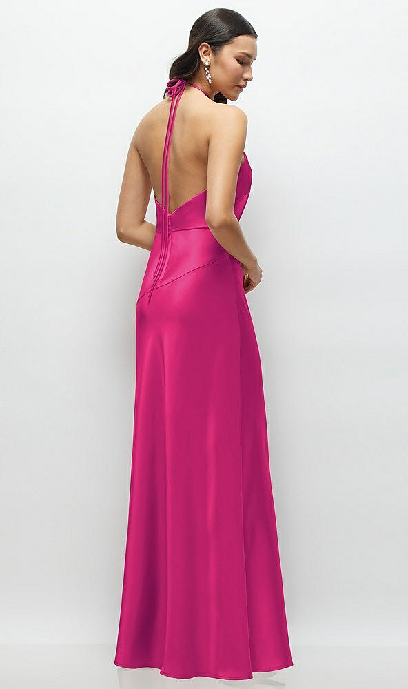 Back View - Think Pink High Halter Tie-Strap Open-Back Satin Maxi Dress