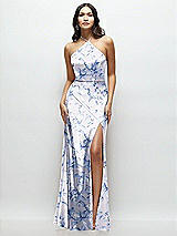Front View Thumbnail - Magnolia Sky High Halter Tie-Strap Open-Back Floral Satin Maxi Dress