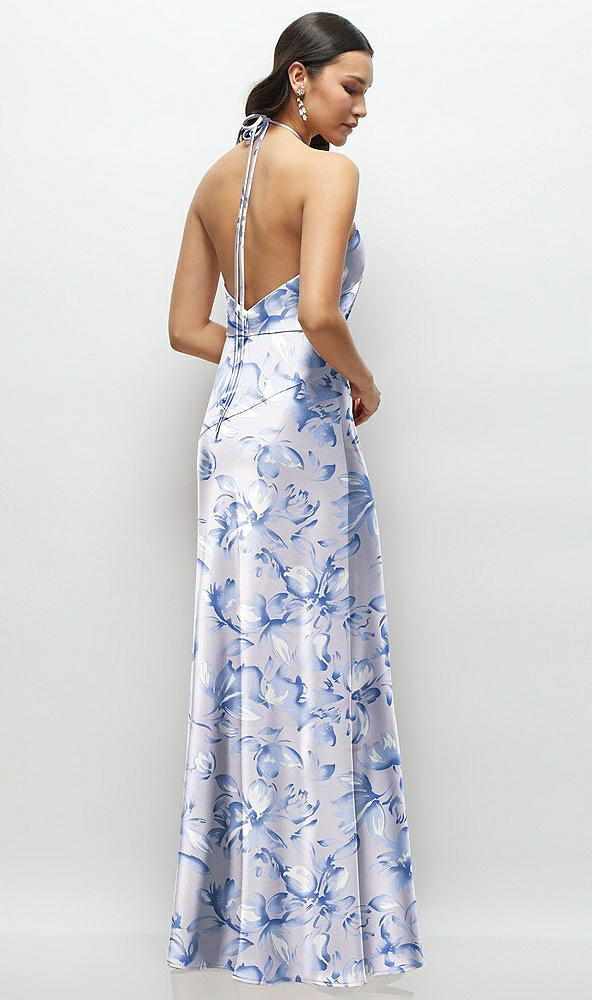 Back View - Magnolia Sky High Halter Tie-Strap Open-Back Floral Satin Maxi Dress