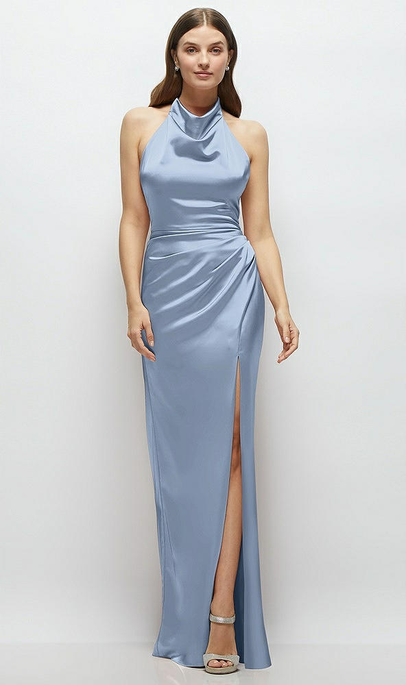 Front View - Cloudy Cowl Halter Open-Back Satin Maxi Dress