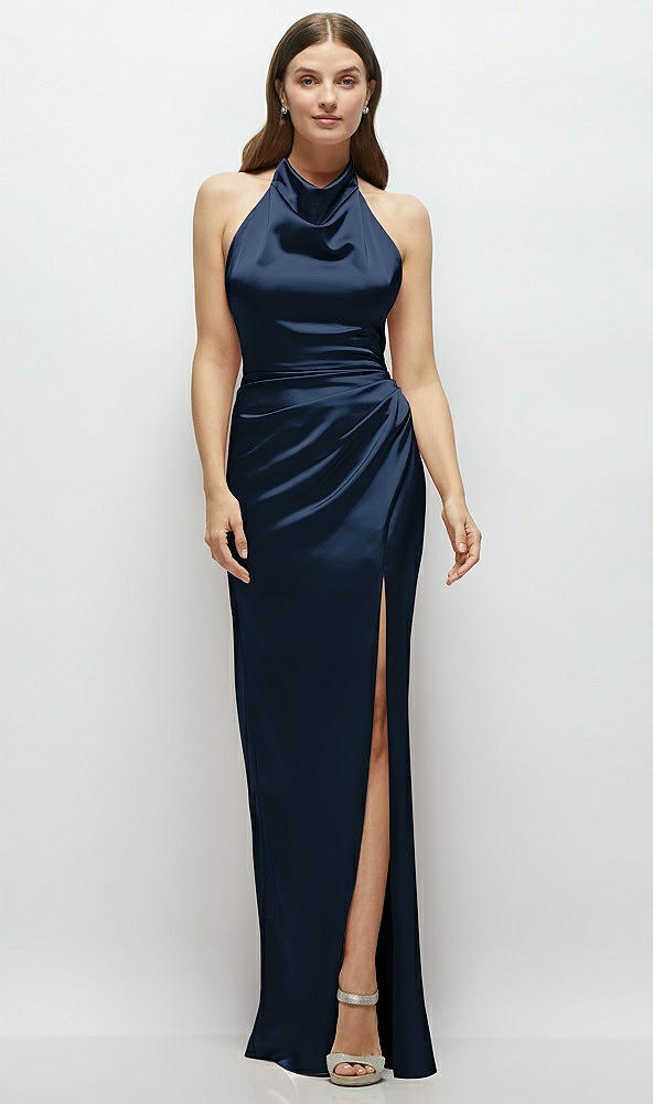 Front View - Midnight Navy Cowl Halter Open-Back Satin Maxi Dress