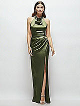 Front View Thumbnail - Olive Green Cowl Halter Open-Back Satin Maxi Dress