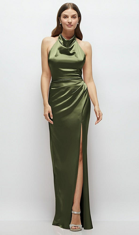 Front View - Olive Green Cowl Halter Open-Back Satin Maxi Dress