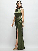 Side View Thumbnail - Olive Green Cowl Halter Open-Back Satin Maxi Dress