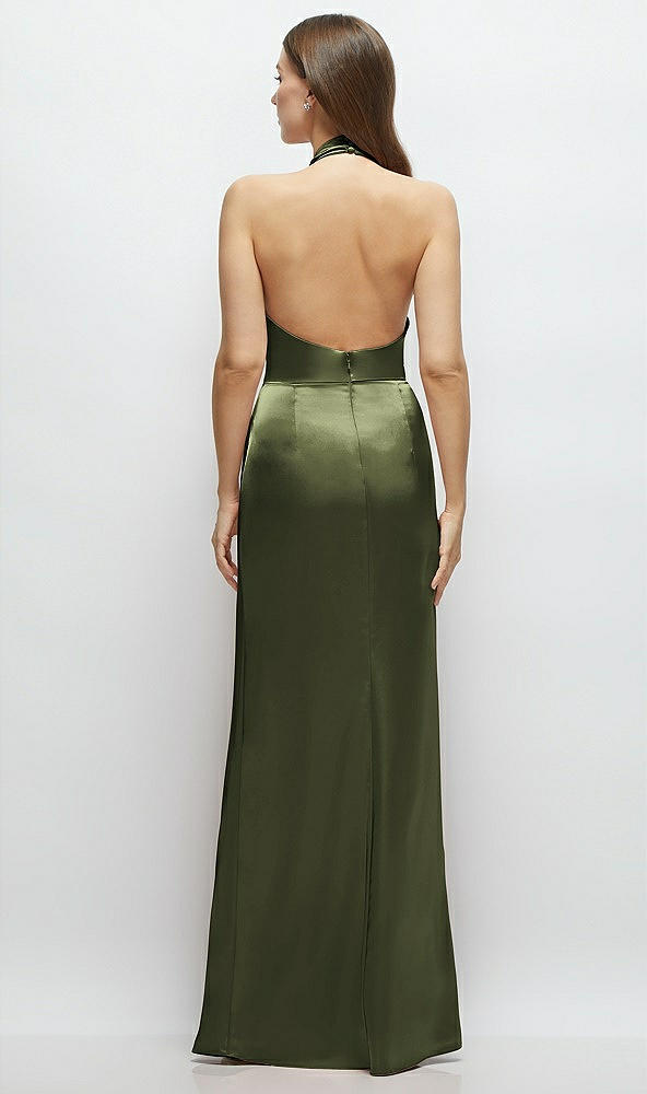 Back View - Olive Green Cowl Halter Open-Back Satin Maxi Dress