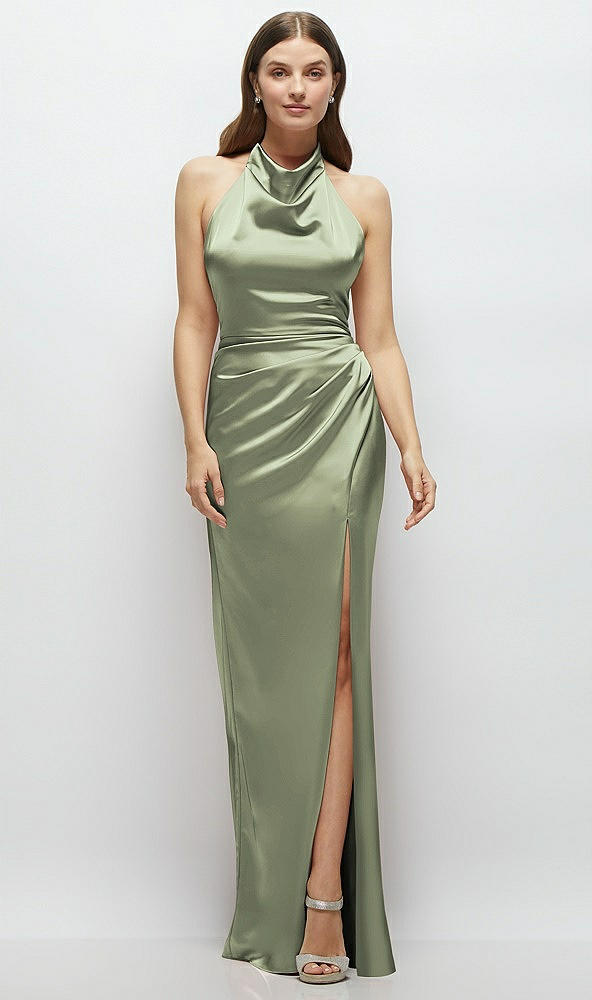 Front View - Sage Cowl Halter Open-Back Satin Maxi Dress