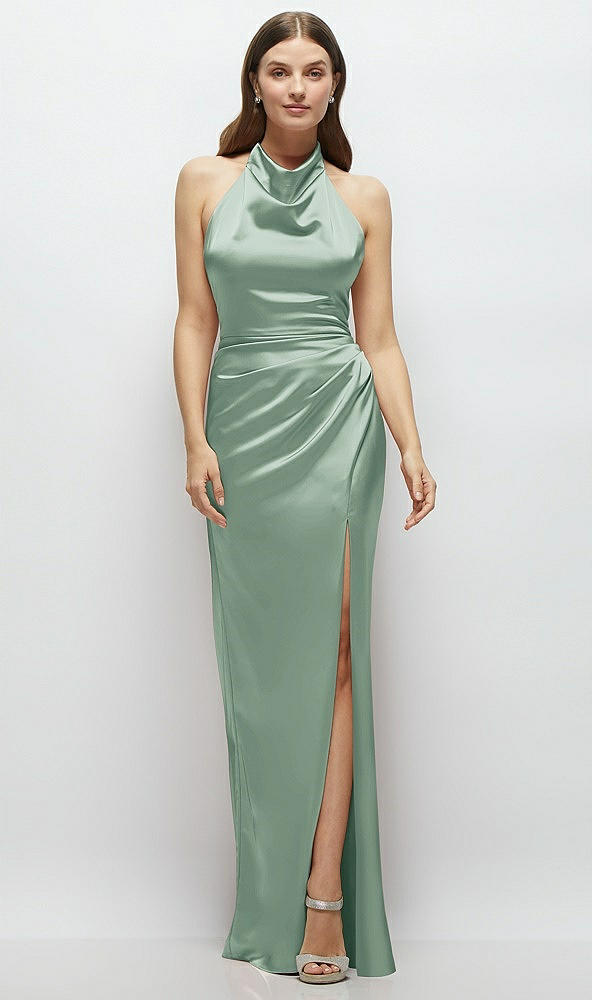 Front View - Seagrass Cowl Halter Open-Back Satin Maxi Dress