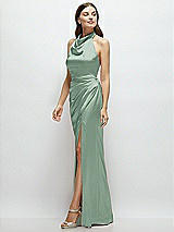 Side View Thumbnail - Seagrass Cowl Halter Open-Back Satin Maxi Dress