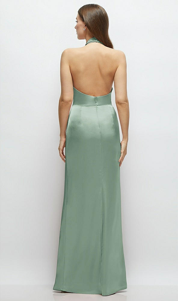 Back View - Seagrass Cowl Halter Open-Back Satin Maxi Dress
