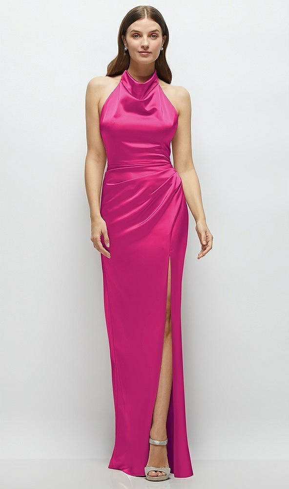Front View - Think Pink Cowl Halter Open-Back Satin Maxi Dress