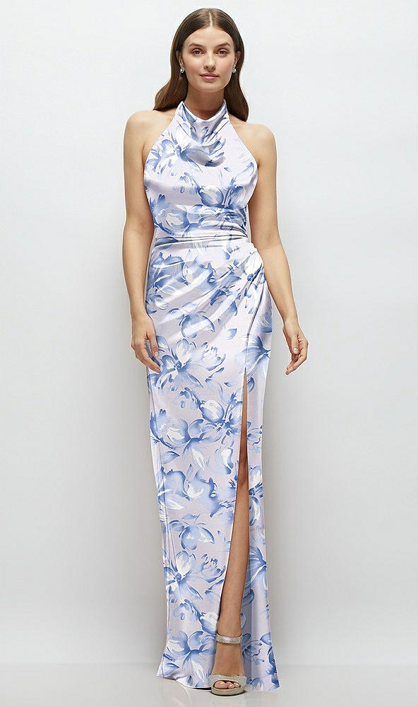 Front View - Magnolia Sky Cowl Halter Open-Back Floral Satin Maxi Dress