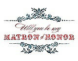 Front View Thumbnail - Peacock Teal & Perfect Coral Will You Be My Matron of Honor Card - Vintage