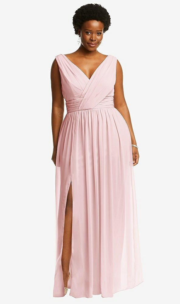Front View - Ballet Pink Sleeveless Draped Chiffon Maxi Dress with Front Slit